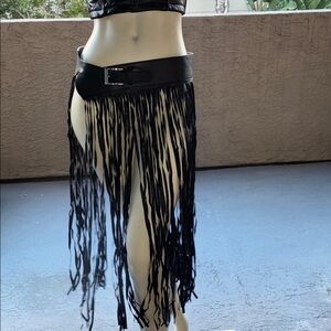Black Leather Fringe Belt Skirt